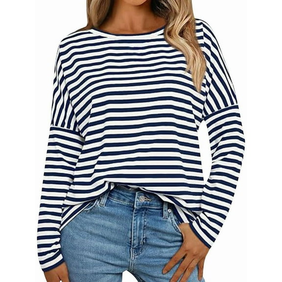 Womens Long Sleeve Shirts Striped Color Block Tops Fall Fashion Clothing Crewneck Tee Blouses Navy Blue L