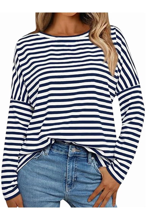 Womens Long Sleeve Shirts Striped Color Block Tops Fall Fashion Clothing Crewneck Tee Blouses Navy Blue XXL