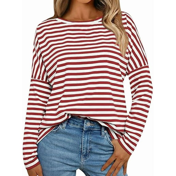 Womens Long Sleeve Shirts Striped Color Block Tops Fall Fashion Clothing Crewneck Tee Blouses Red & White XL