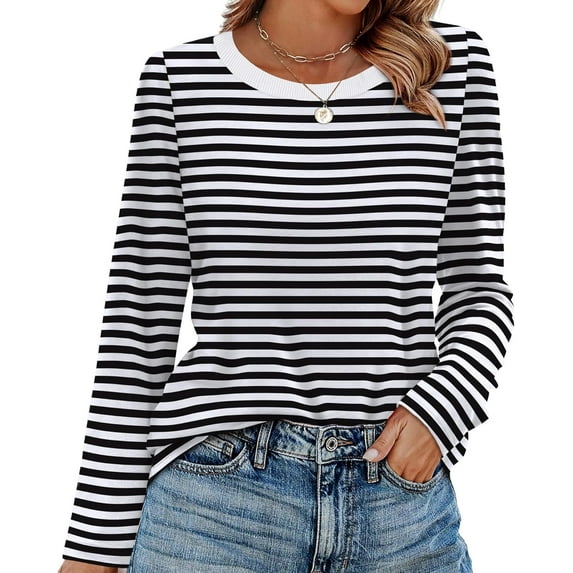 Womens Long Sleeve Shirts Striped Color Block Tops Fall Fashion Clothing Ribbed Crewneck Tee Blouses