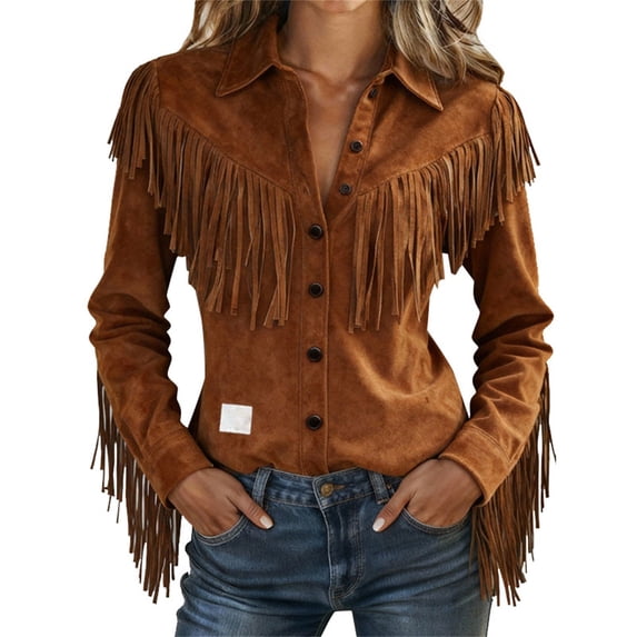 Womens Long Sleeve Shirts Suede Fringe Western Long Sleeve Button Down Retro Tassel Motorcycle Tops for Women Trendy Brown L