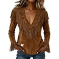 thumbnail image 1 of Womens Long Sleeve Shirts Suede Fringe Western Long Sleeve Button Down Retro Tassel Motorcycle Tops for Women Trendy Brown L, 1 of 5
