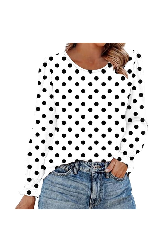 Womens Long Sleeve Shirts, Summer Tops for Women Lightweight Casual Vintage Polka Dots Printed Crewneck T-Shirts S-2XL