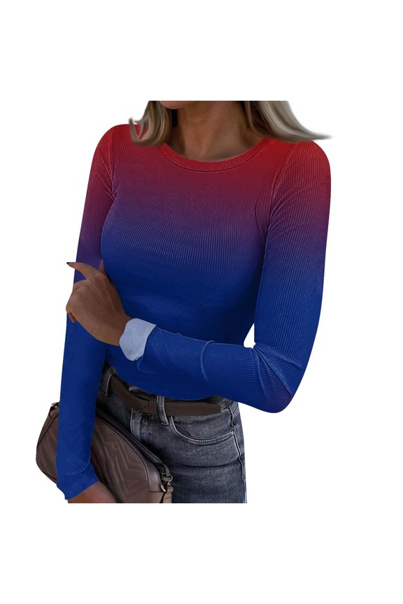 Womens Long Sleeve Shirts Tie-Dye Gradient Slim Fitted Bottom T-shirts Fashion Casual Shirts Pullover Ribbed Fall Spring Blouses Tee 2026 Red S