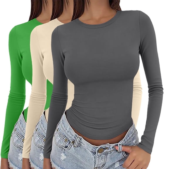 Womens Long Sleeve Shirts Tops 3 Pieces Y2k Basic Long Sleeve Top Slim Baby Tee Round Neck Dupe Crop Layering Slim Top Blouse Aesthetic Streetwear Shirts Blouses for Women Dressy Casual