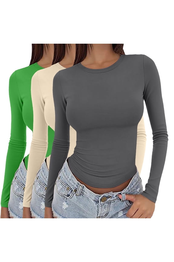 Womens Long Sleeve Shirts Tops 3 Pieces Y2k Basic Long Sleeve Top Slim Baby Tee Round Neck Dupe Crop Layering Slim Top Blouse Aesthetic Streetwear Shirts Blouses for Women Dressy Casual