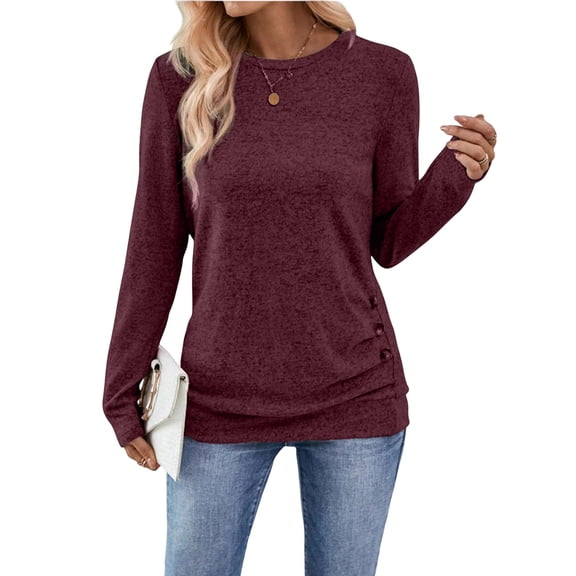 Womens Long Sleeve Shirts Tops Button Casual Blouses Pullover Tunic Winter Fashion Clothes Reddish-Brown L