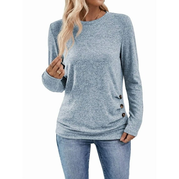 Womens Long Sleeve Shirts Tops Button Casual Blouses Pullover Tunic Winter Fashion Clothes Sky Blue XXL