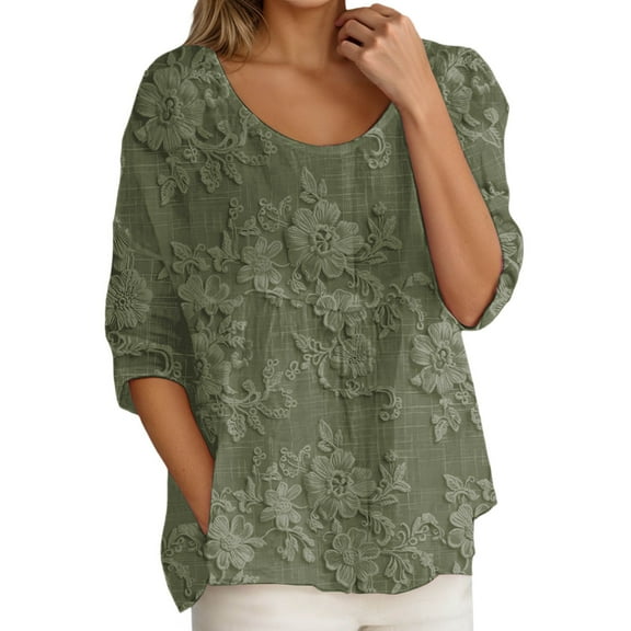 Womens Long Sleeve Shirts Tops Casual Boho Floral Print Lightweight Loose Fit Fall Clothes for Women Tees Blouses Army Green XL
