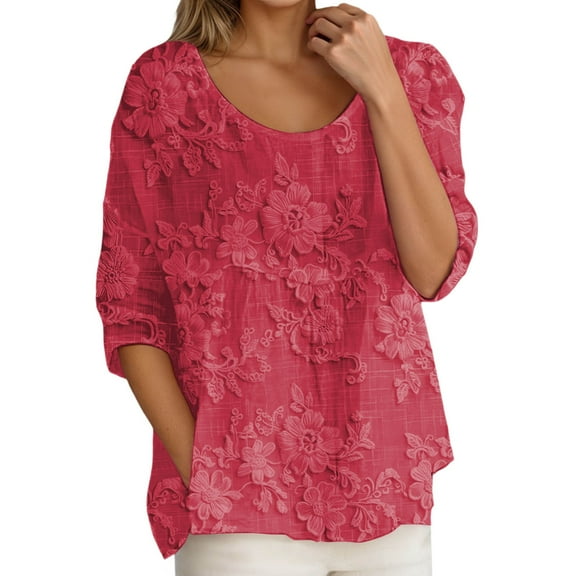 Womens Long Sleeve Shirts Tops Casual Boho Floral Print Lightweight Loose Fit Fall Clothes for Women Tees Blouses Red M