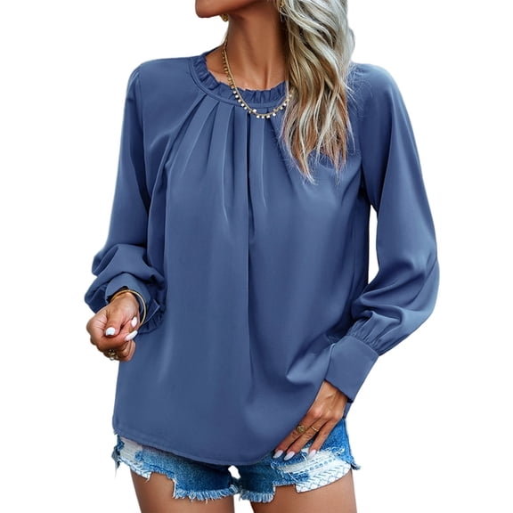 Womens Long Sleeve Shirts Tops Dressy Casual Frill Neck Smocked Cuffs Blouses Blue M