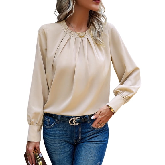 Womens Long Sleeve Shirts Tops Dressy Casual Frill Neck Smocked Cuffs Blouses Khaki M