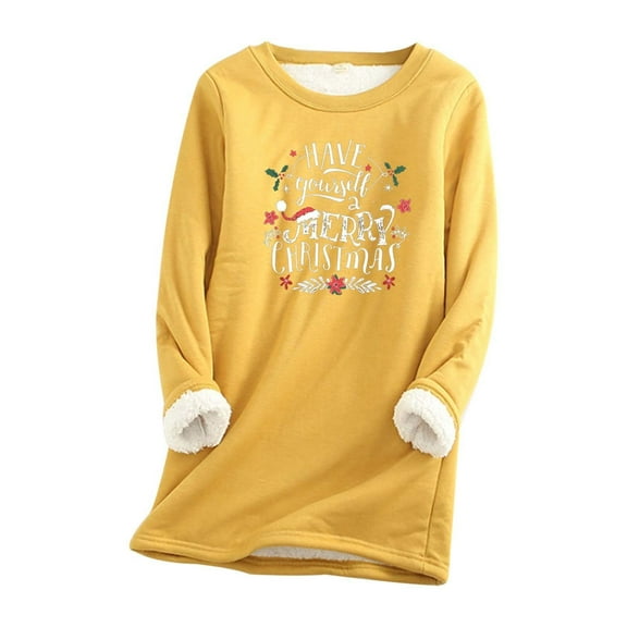 Womens Long Sleeve Shirts Tops Winter Crewneck Thermal Underwear Thick Sweatshirts Patch Christmas Fall Clothes for Women Tees Blouses Yellow 2XL