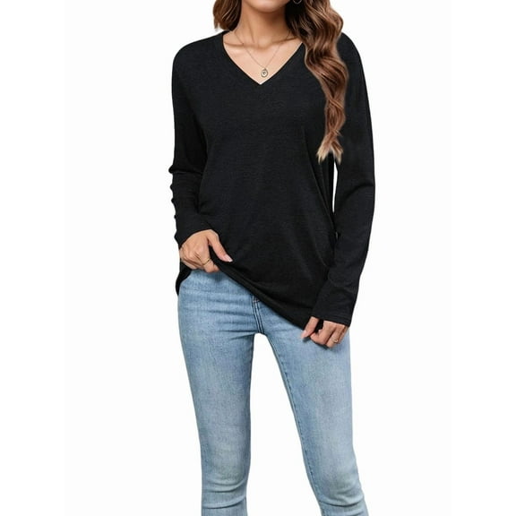 Womens Long Sleeve Shirts V Neck Casual Tops Loose Dressy Basic Fall Fashion Trendy Outfits Winter Clothes Black L