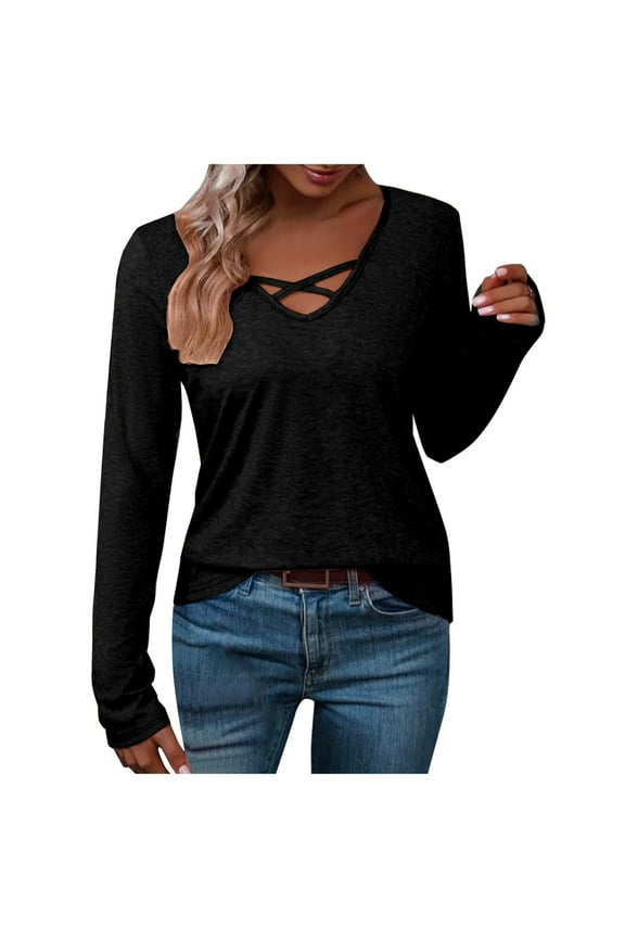 Womens Long Sleeve Shirts V Neck Criss Cross Solid Color Blouses Loose Casual Fall Lightweight Tunic Tops