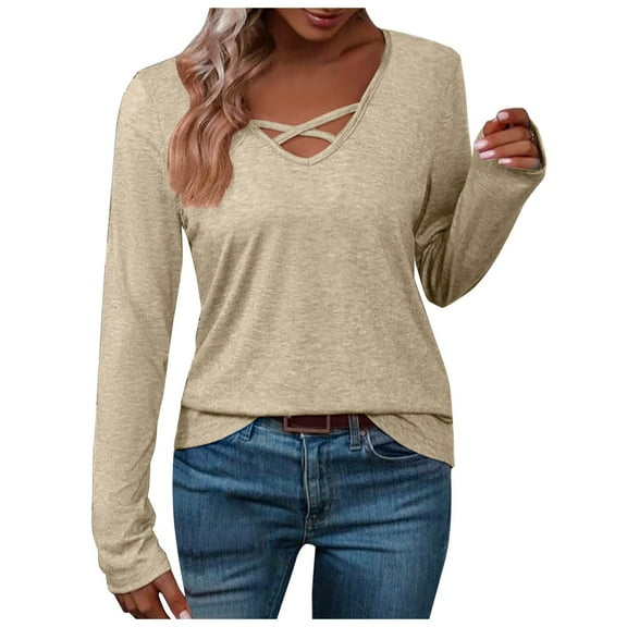Womens Long Sleeve Shirts V Neck Criss Cross Solid Color Blouses Loose Casual Fall Lightweight Tunic Tops