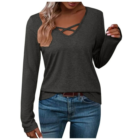 Womens Long Sleeve Shirts V Neck Criss Cross Solid Color Blouses Loose Casual Fall Lightweight Tunic Tops