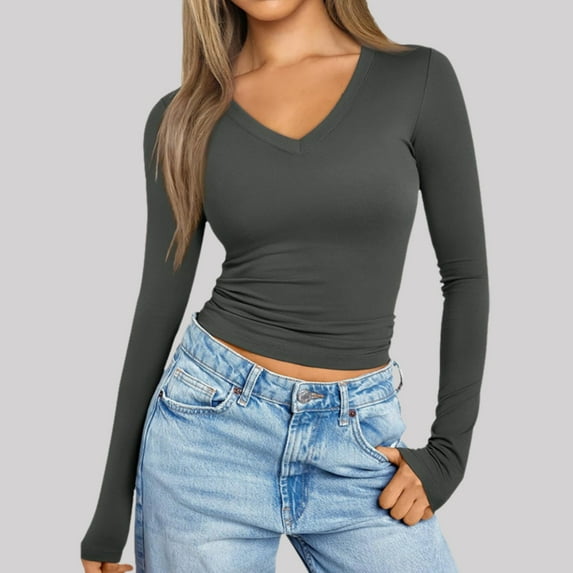 Womens Long Sleeve Shirts V Neck Going Out Slim Fit Causal Crop Tops 2024 Fall Fashion Clothes Womens Loose Tops Casual Womens Short Sleeved Athletic Tops Athletic Women Womens Long Sleeve Tees