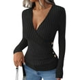 thumbnail image 1 of Womens Long Sleeve Shirts V Neck Ribbed Knit Slim Fit Button Light-Weight Sweater Fall Casual Work Tops Black M, 1 of 10