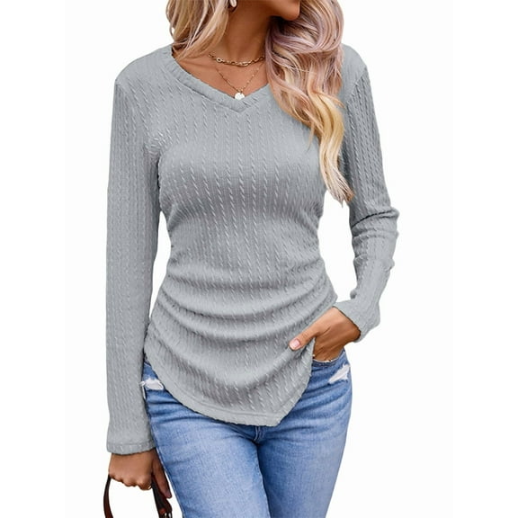 Womens Long Sleeve Shirts V Neck Ribbed Knit Slim Fit Light-Weight Sweater Fall Dressy Casual Tops Grey XL