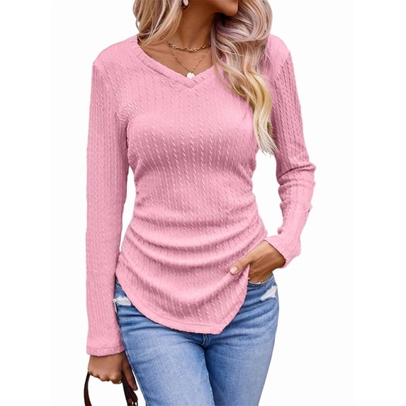 Womens Long Sleeve Shirts V Neck Ribbed Knit Slim Fit Light-Weight Sweater Fall Dressy Casual Tops Pink XXL