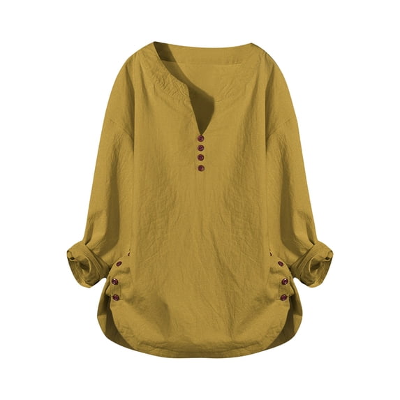 Womens Long Sleeve Shirts V Neck Side Button Loose Cotton Linen Long Sleeve Blouses Oversized Tshirts for Women