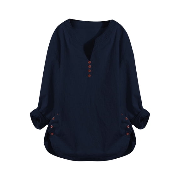 Womens Long Sleeve Shirts V Neck Side Button Loose Cotton Linen Long Sleeve Blouses Oversized Tshirts for Women