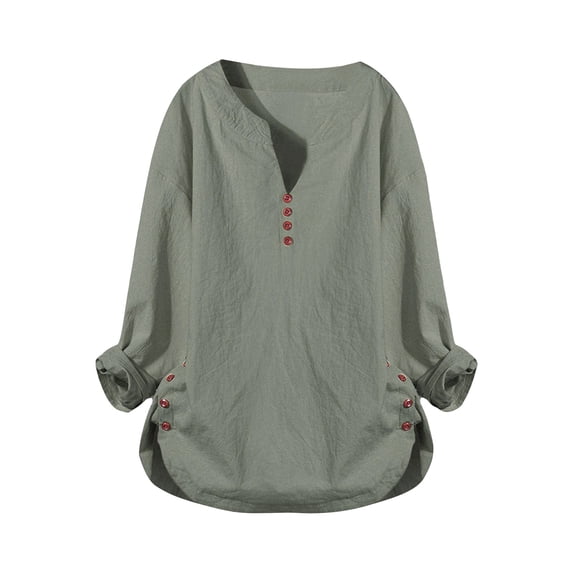 Womens Long Sleeve Shirts V Neck Side Button Loose Cotton Linen Long Sleeve Blouses Oversized Tshirts for Women