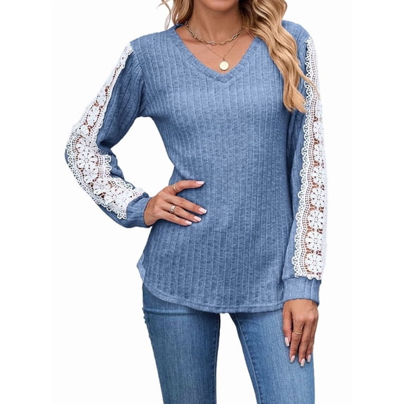 Womens Long Sleeve Shirts V-Neck Tops Business Casual Blouses Tee Trendy 2025 Fall Fashion Outfits Clothes Blue L