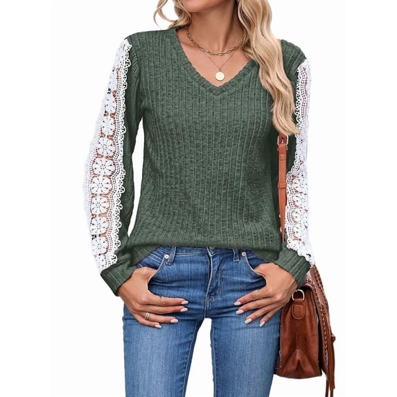 Womens Long Sleeve Shirts V-Neck Tops Business Casual Blouses Tee Trendy 2025 Fall Fashion Outfits Clothes Green L