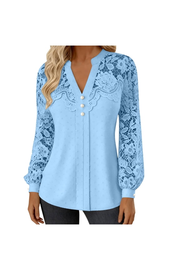 Womens Long Sleeve Shirts V Neck Tunic Solid Soft Breathable Spring Fall Top Casual Lace Patchwork Blouses Tops Solid Soft Breathable Spring Fall Top