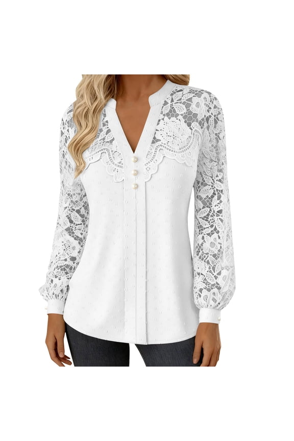 Womens Long Sleeve Shirts V Neck Tunic Solid Soft Breathable Spring Fall Top Casual Lace Patchwork Blouses Tops Solid Soft Breathable Spring Fall Top
