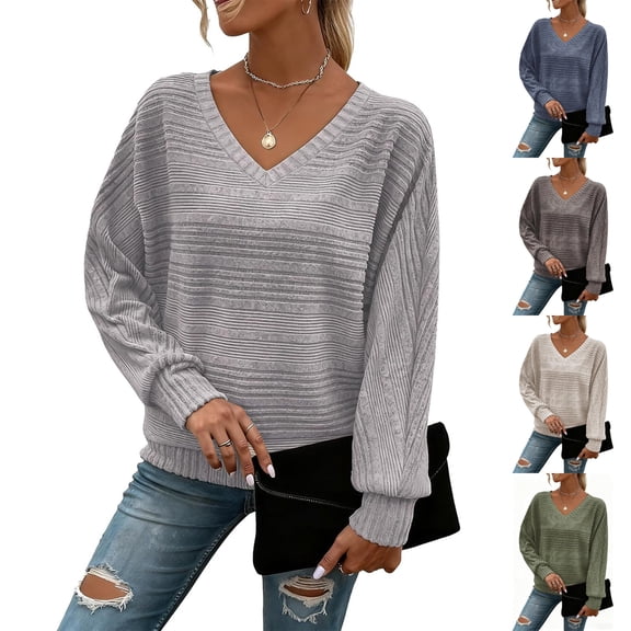 Womens Long Sleeve Shirts V Neck Tunic Tops Pullover Sweaters Business Casual Blouses Fall Fashion 2025 Light Gray L