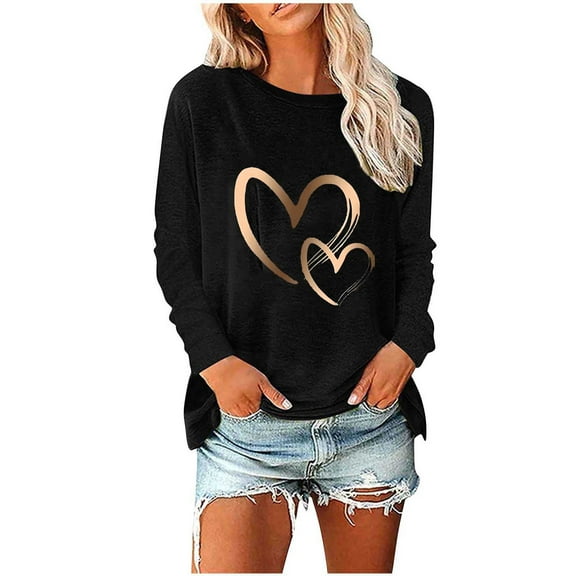 Womens Long Sleeve Shirts Valentine's Day Casual Loose Soft Sweatshirt Trendy Fall Tops Black M