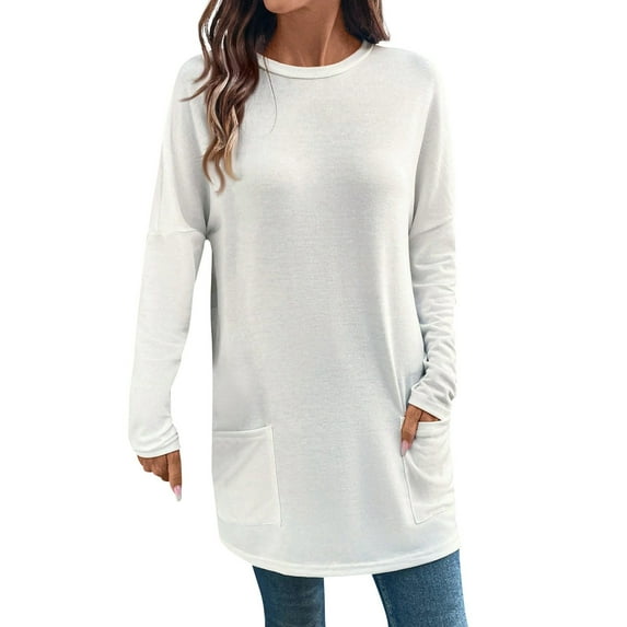 Womens Long Sleeve Shirts Warm Coloured Loose Fit Crew Neck Long Sleeve Crewneck Sweatshirts Women with 2 Pockets White Size L