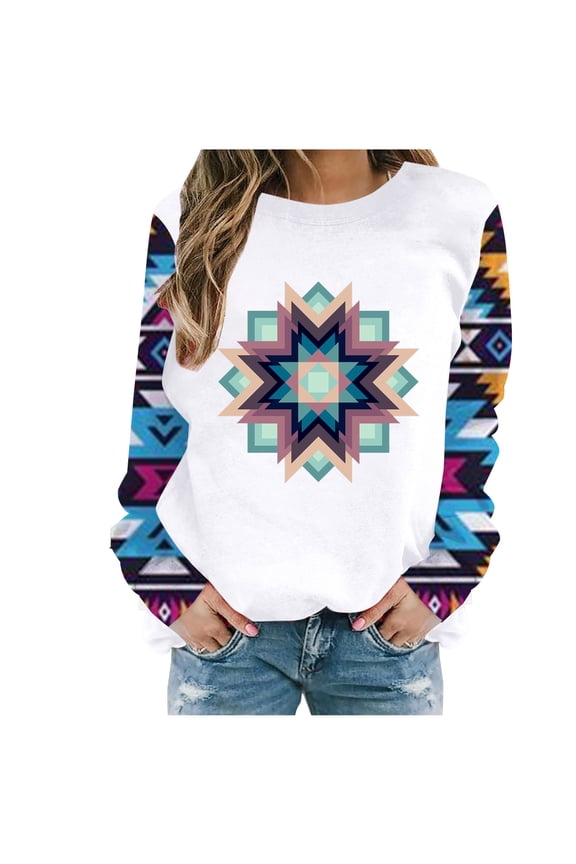 Womens Long Sleeve Shirts Western Aztec Print Loose Fit Tops Fall Casual Fashion Round Neck Blouses