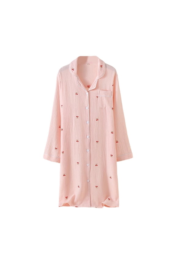 Womens Long Sleeve Sleep Dress Button Front Collared Cotton Gauze Nightgown Spring Light Pink