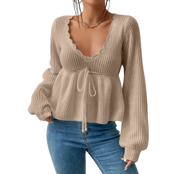 Womens Long Sleeve Slimming Sweater Casual V Neck Collared Knit Jumper Tops Khaki S