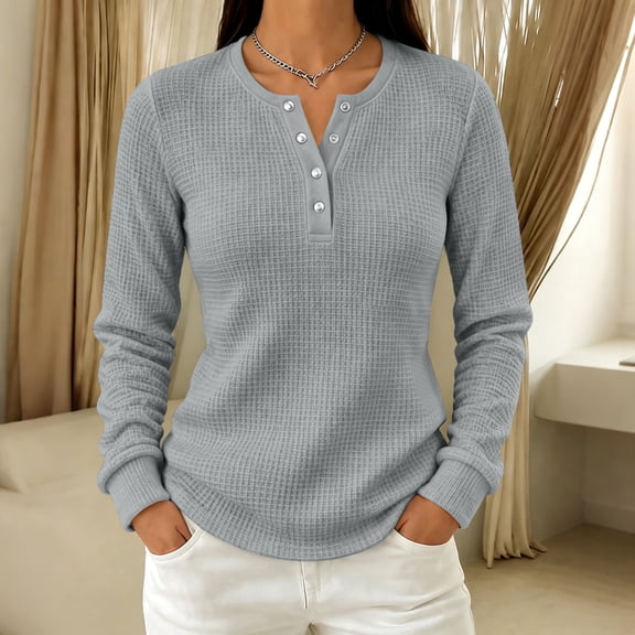 Womens Long Sleeve Solid Color Waffle Knit Henley Top Button Front Casual Daily Wear Blouse M