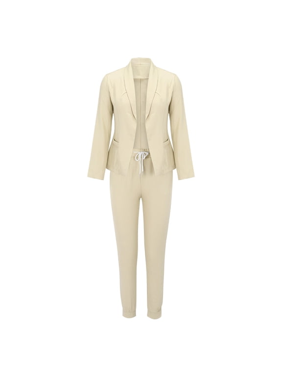 Womens Long Sleeve Solid Suit Pants Casual Elegant Business Suit Sets Beige XL