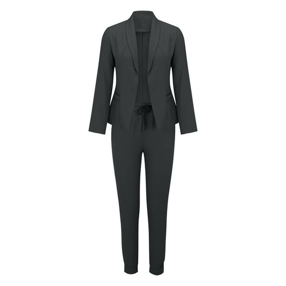 Womens Long Sleeve Solid Suit Pants Casual Elegant Business Suit Sets Dark Gray L
