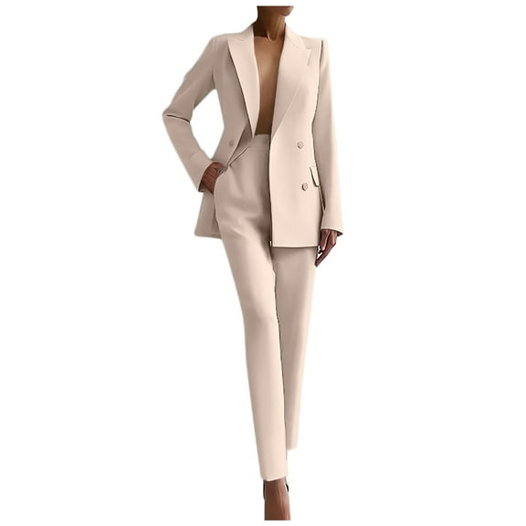 Womens Long Sleeve Solid Suit Set - Elegant Blazer & Pants with Pockets - Polyester Formal Outfit, S-XXL, Autumn/Winter