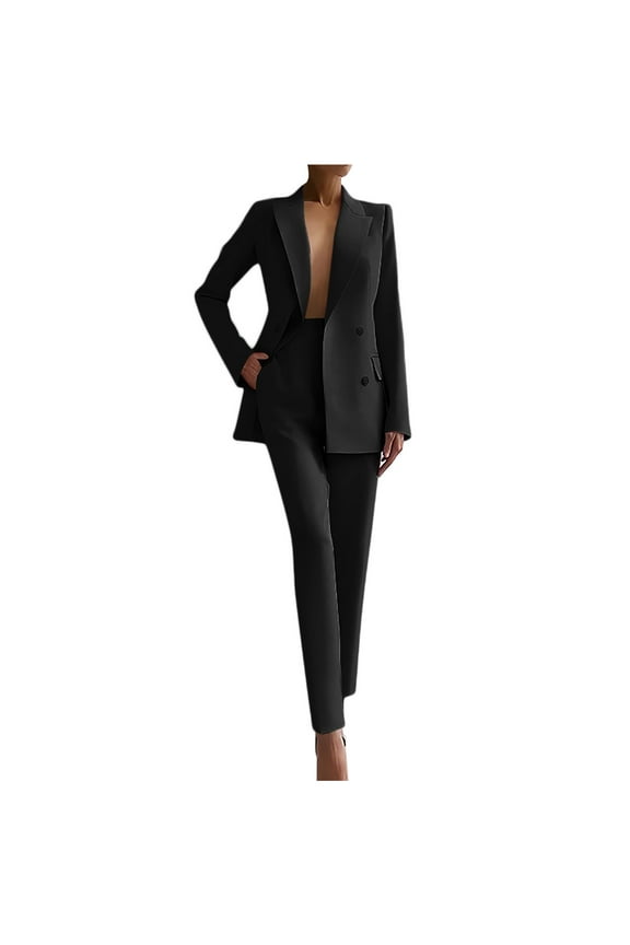 Womens Long Sleeve Solid Suit Set - Elegant Blazer & Pants with Pockets - Polyester Formal Outfit, S-XXL, Autumn/Winter