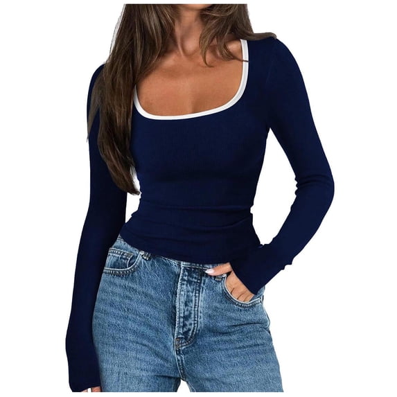 Womens Long Sleeve Square Neck Ribbed Knit Top Color Block Fitted Basic Crop Tee Fashion Clothes 2025