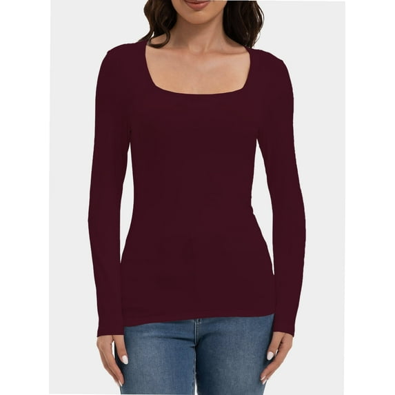 Womens Long Sleeve Square Neck Shirts Basic Slim Fit Tee Tops