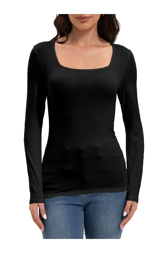 Womens Long Sleeve Square Neck Shirts Basic Slim Fit Tee Tops
