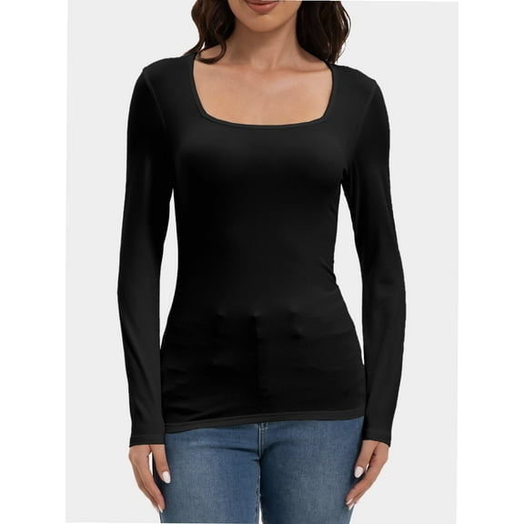 Womens Long Sleeve Square Neck Shirts Basic Slim Fit Tee Tops