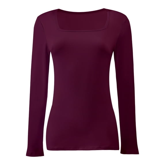 Womens Long Sleeve Square Neck Shirts Basic Slim Fit Tee Tops