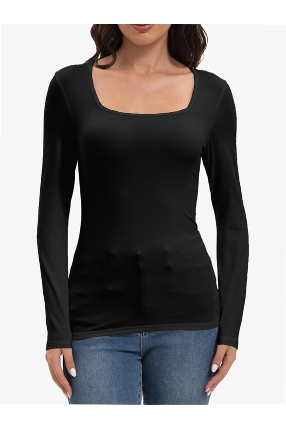 Womens Long Sleeve Square Neck Shirts Basic Slim Fit Tee Tops