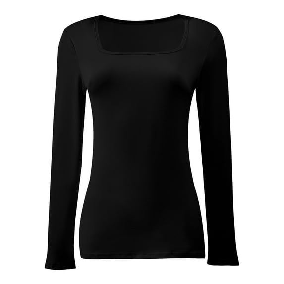 Womens Long Sleeve Square Neck Shirts Basic Slim Fit Tee Tops